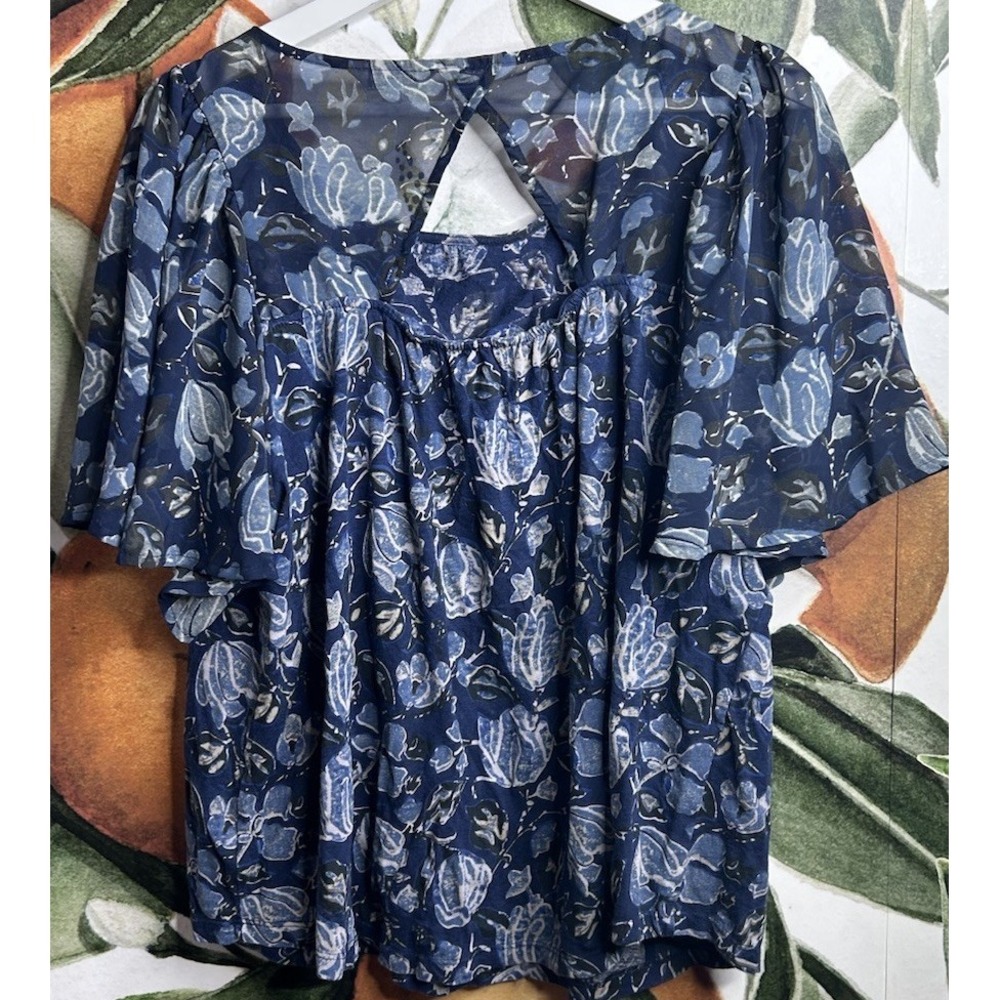 Lucky Brand XL Blue Floral Blouse Open Back Sheer Sleeve Boho Top - Picture 5 of 5